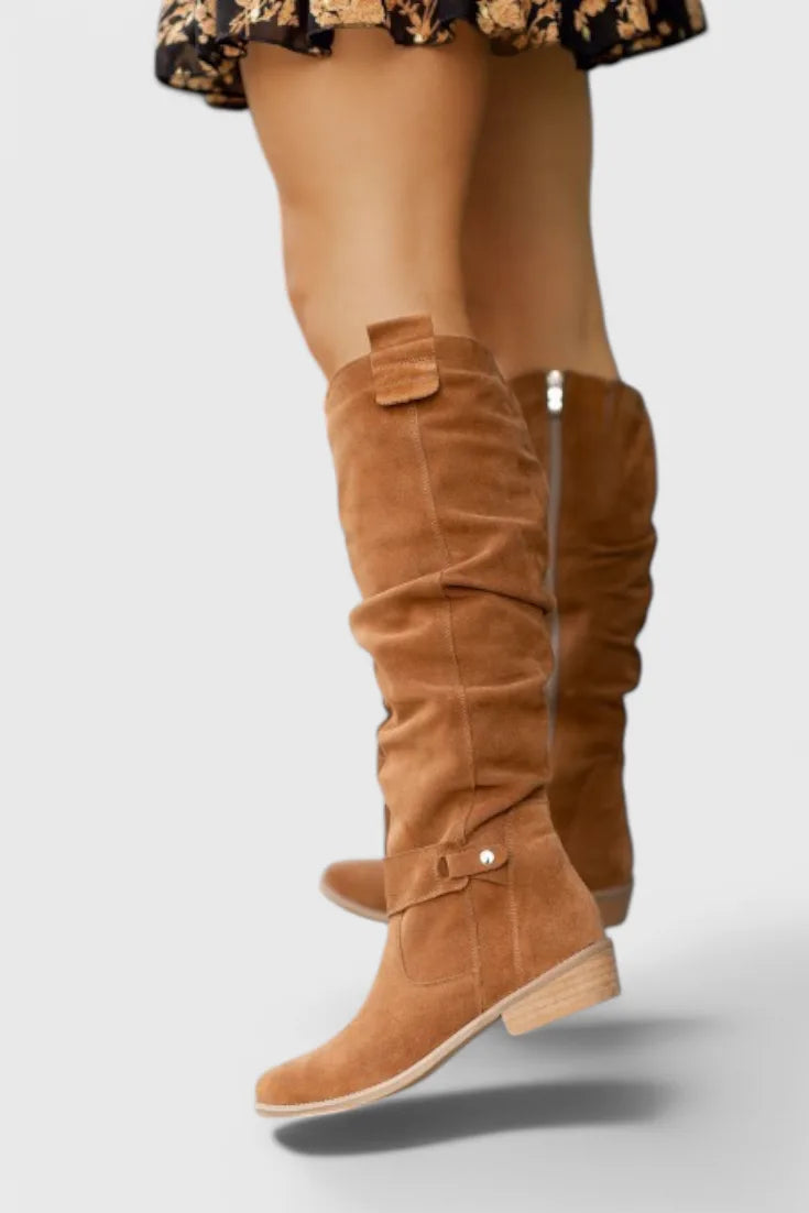Women's suede side zip knee high winter boots with slouchy shaft and buckle