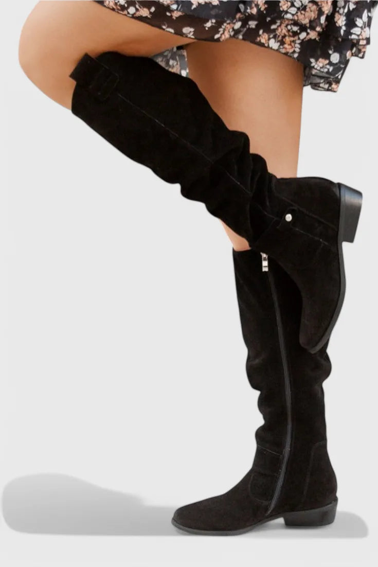 Women's suede side zip knee high winter boots with slouchy shaft and buckle