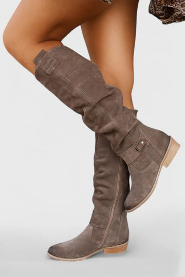 Women's suede side zip knee high winter boots with slouchy shaft and buckle