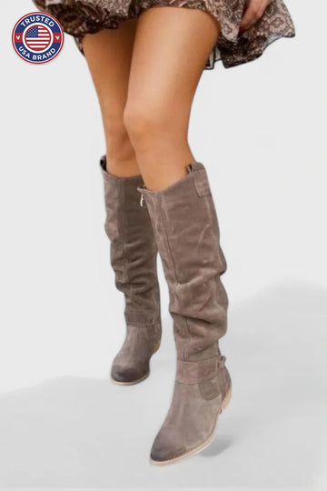 Women's suede side zip knee high winter boots with slouchy shaft and buckle