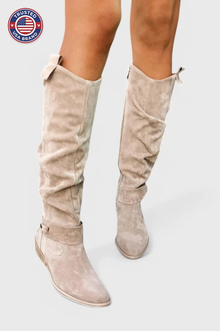Women's suede side zip knee high winter boots with slouchy shaft and buckle
