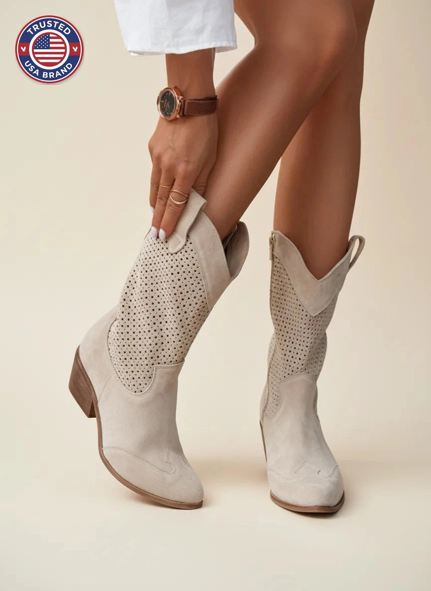 Women's suede side zip orthopedic heeled winter boots with perforated shaft