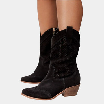 Women's suede side zip orthopedic heeled winter boots with perforated shaft