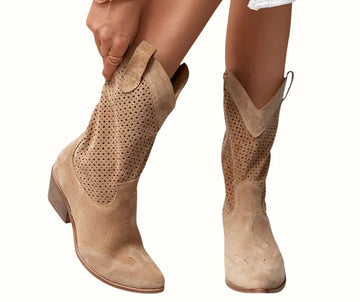 Women's suede side zip orthopedic heeled winter boots with perforated shaft