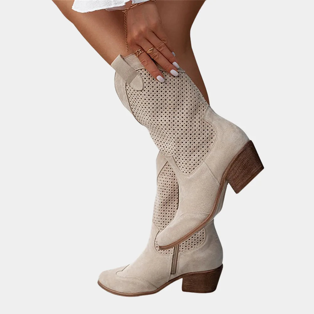 Women's suede side zip orthopedic heeled winter boots with perforated shaft