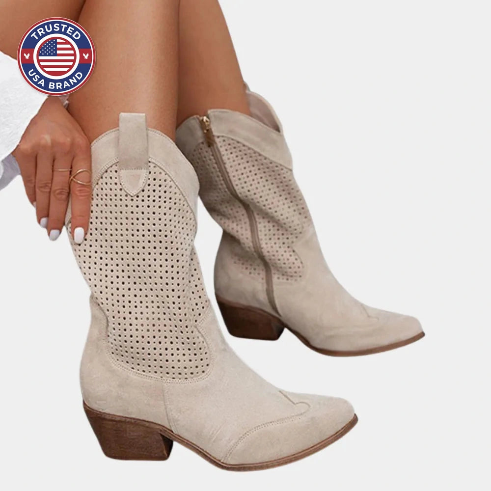 Women's suede side zip orthopedic heeled winter boots with perforated shaft