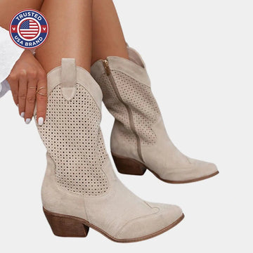 Women's suede side zip orthopedic heeled winter boots with perforated shaft