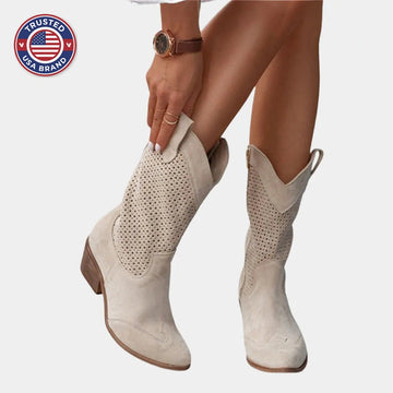 Women's suede side zip orthopedic heeled winter boots with perforated shaft