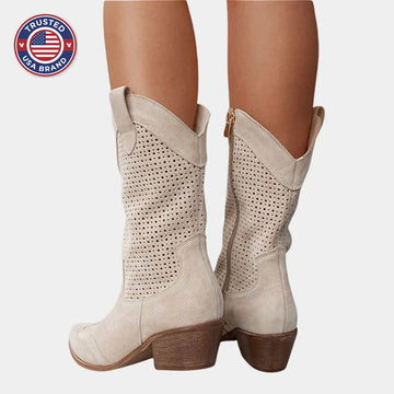 Women's suede side zip orthopedic heeled winter boots with perforated shaft