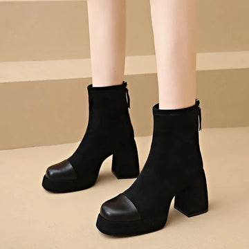 Women's suede zip-up ankle winter boots with square toe