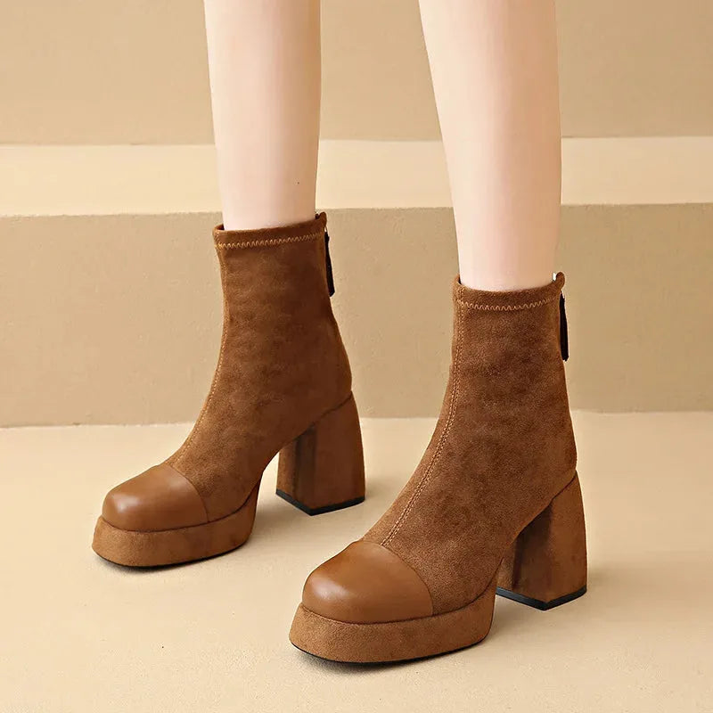 Women's suede zip-up ankle winter boots with square toe