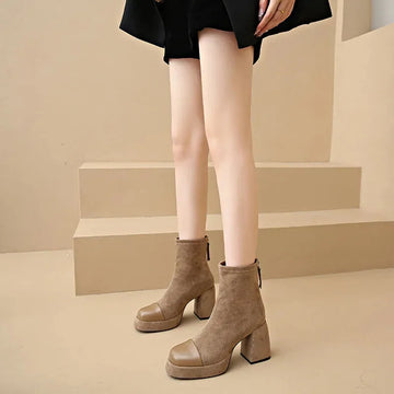 Women's suede zip-up ankle winter boots with square toe