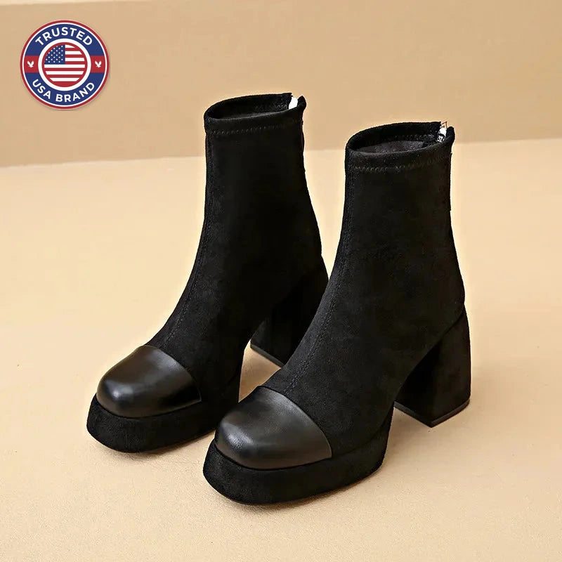 Women's suede zip-up ankle winter boots with square toe