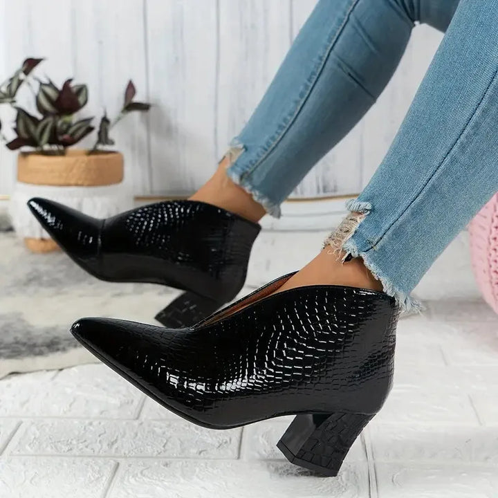 Women's Textured Ankle Winter Boots with Curved Cut and Mid Block Heel