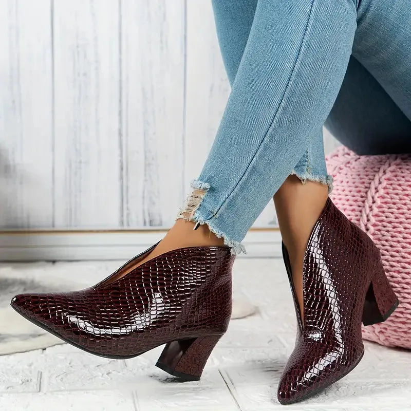 Women's Textured Ankle Winter Boots with Curved Cut and Mid Block Heel