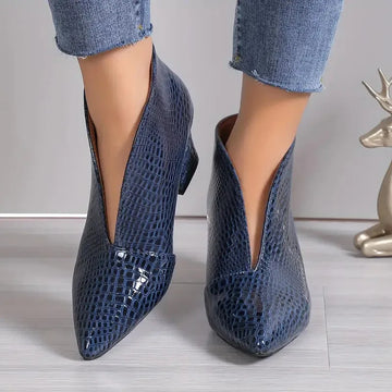 Women's Textured Ankle Winter Boots with Curved Cut and Mid Block Heel