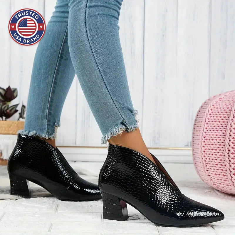 Women's Textured Ankle Winter Boots with Curved Cut and Mid Block Heel