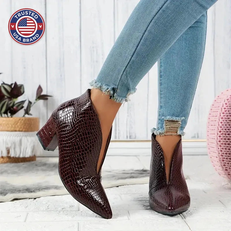 Women's Textured Ankle Winter Boots with Curved Cut and Mid Block Heel