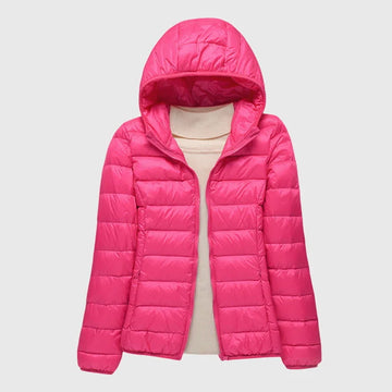 Women's ultra-light quilted zip-up hooded winter puffer jacket - Dark Blue Hood