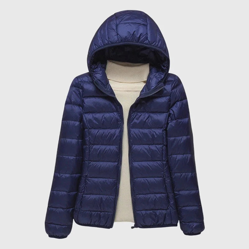 Women's ultra-light quilted zip-up hooded winter puffer jacket - Dark Blue Hood