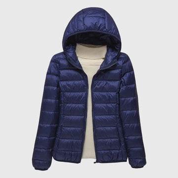 Women's ultra-light quilted zip-up hooded winter puffer jacket - Dark Blue Hood