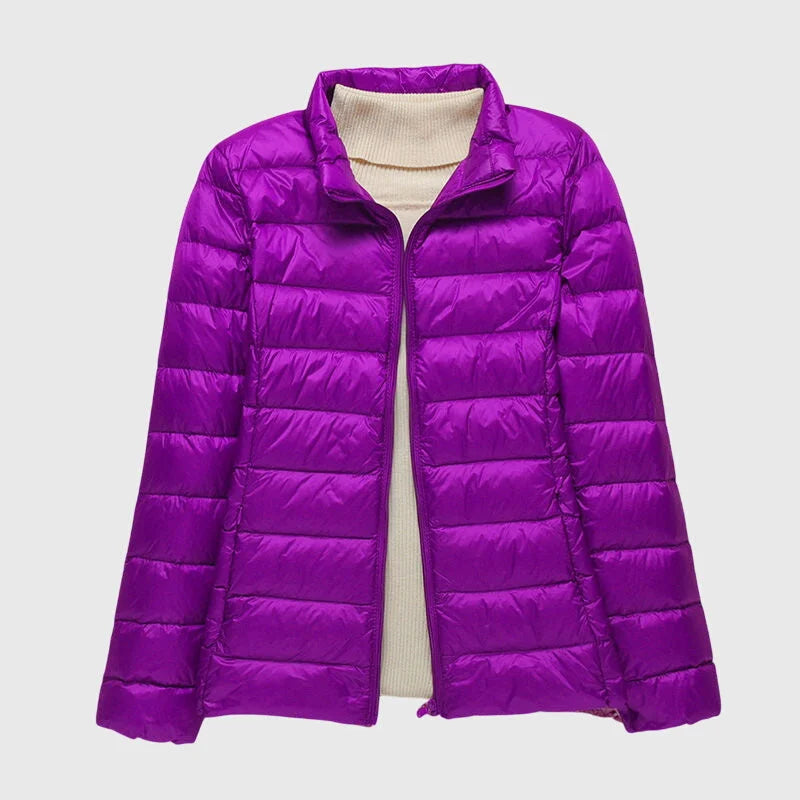 Women's ultra-light quilted zip-up hooded winter puffer jacket - Dark Blue Hood