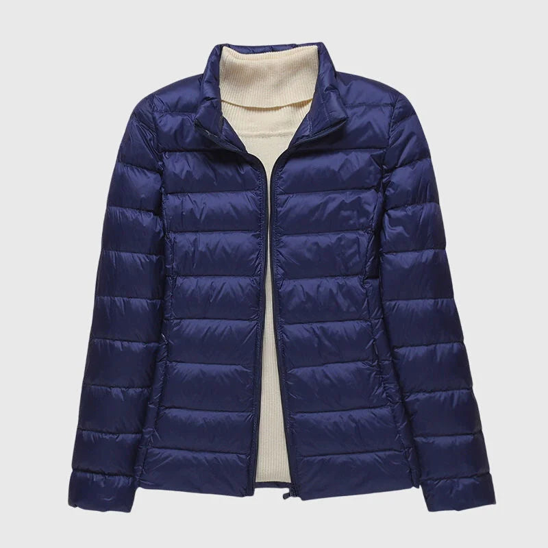 Women's ultra-light quilted zip-up hooded winter puffer jacket - Dark Blue Hood