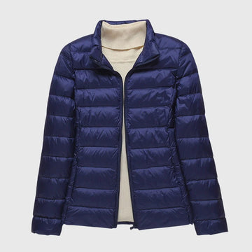 Women's ultra-light quilted zip-up hooded winter puffer jacket - Dark Blue Hood