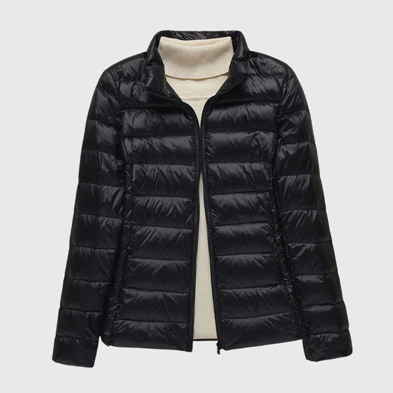 Women's ultra-light quilted zip-up hooded winter puffer jacket - Dark Blue Hood