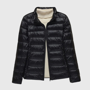 Women's ultra-light quilted zip-up hooded winter puffer jacket - Dark Blue Hood