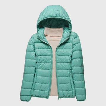 Women's ultra-light quilted zip-up hooded winter puffer jacket - Dark Blue Hood