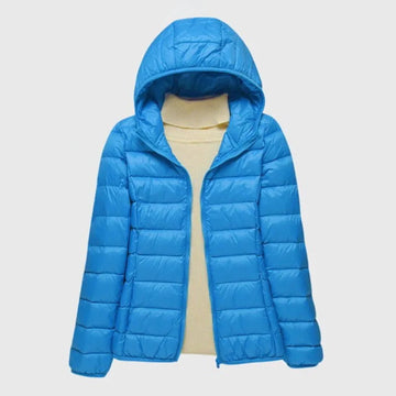 Women's ultra-light quilted zip-up hooded winter puffer jacket - Dark Blue Hood