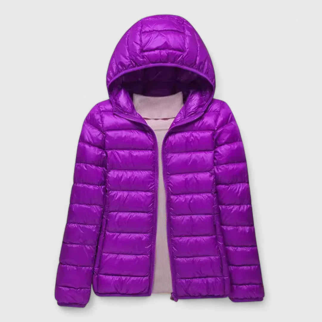Women's ultra-light quilted zip-up hooded winter puffer jacket - Dark Blue Hood