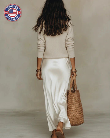 Women's V-Neck Winter Sweater Two Piece Midi Set