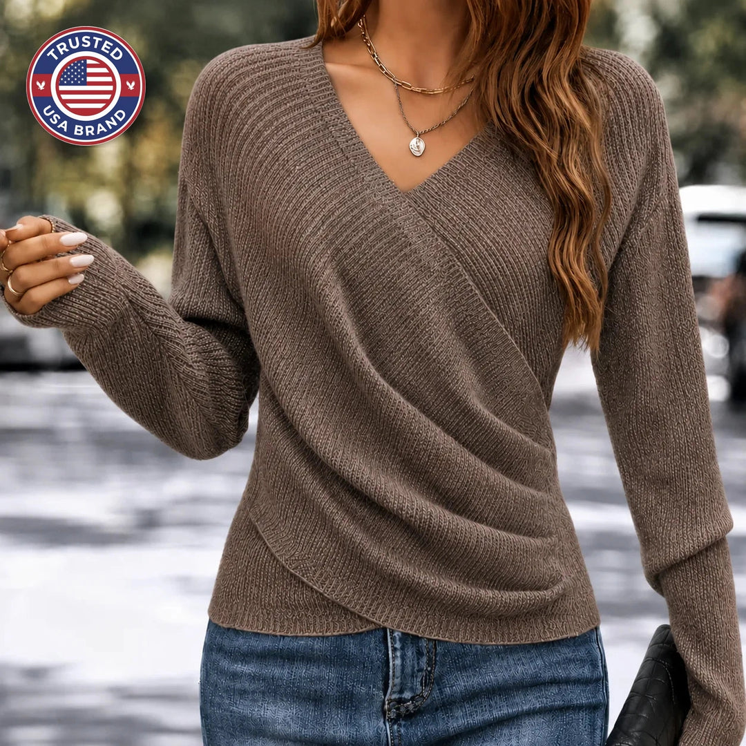 Women's V-Neck Wrap Front Long Sleeve Winter Sweater