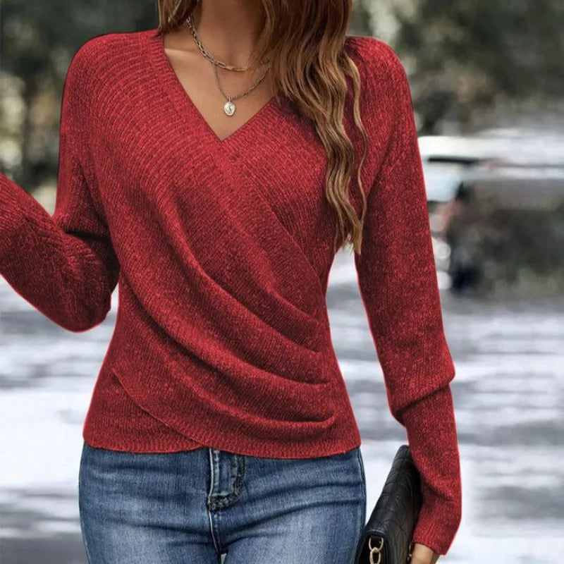 Women's V-Neck Wrap Front Long Sleeve Winter Sweater