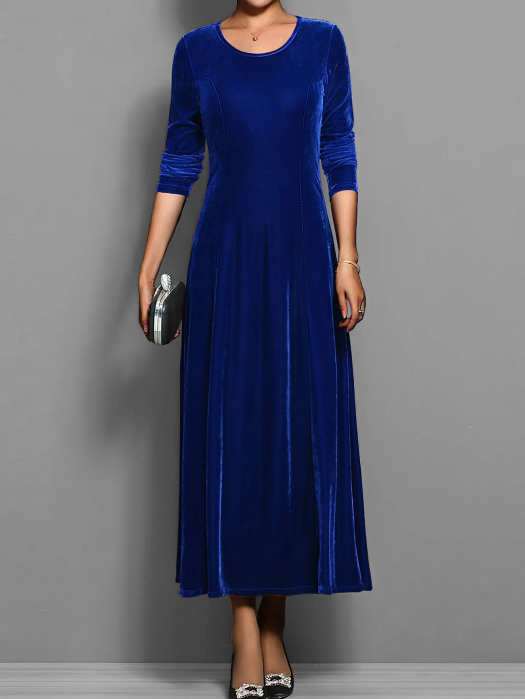 Women's velvet crew neck winter midi dress with fitted bodice flared skirt