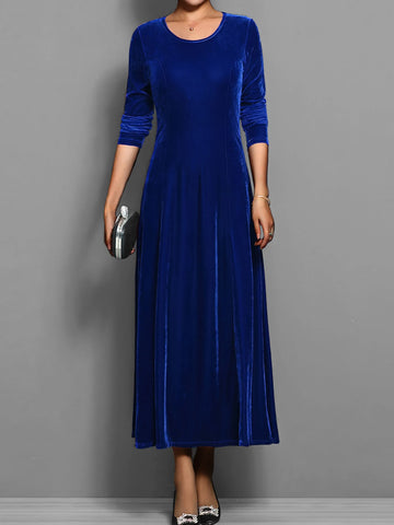 Women's velvet crew neck winter midi dress with fitted bodice flared skirt