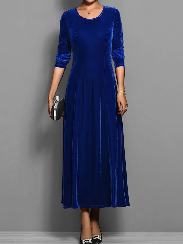 Women's velvet crew neck winter midi dress with fitted bodice flared skirt