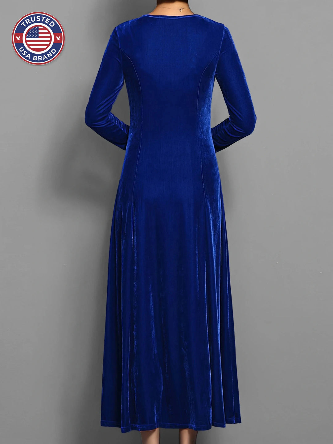 Women's velvet crew neck winter midi dress with fitted bodice flared skirt