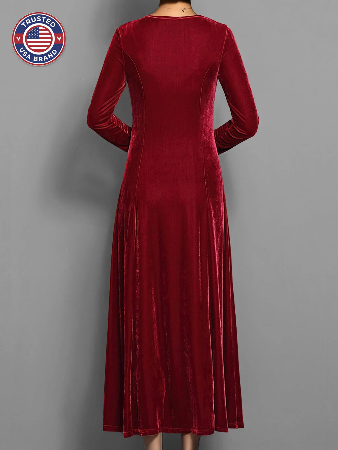 Women's velvet crew neck winter midi dress with fitted bodice flared skirt