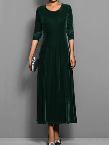 Women's velvet crew neck winter midi dress with fitted bodice flared skirt