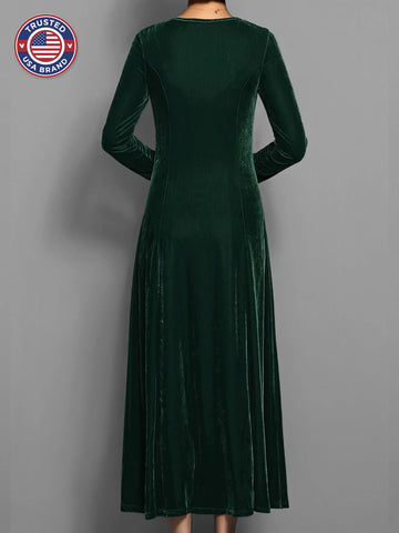 Women's velvet crew neck winter midi dress with fitted bodice flared skirt