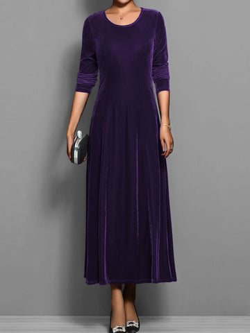 Women's velvet crew neck winter midi dress with fitted bodice flared skirt