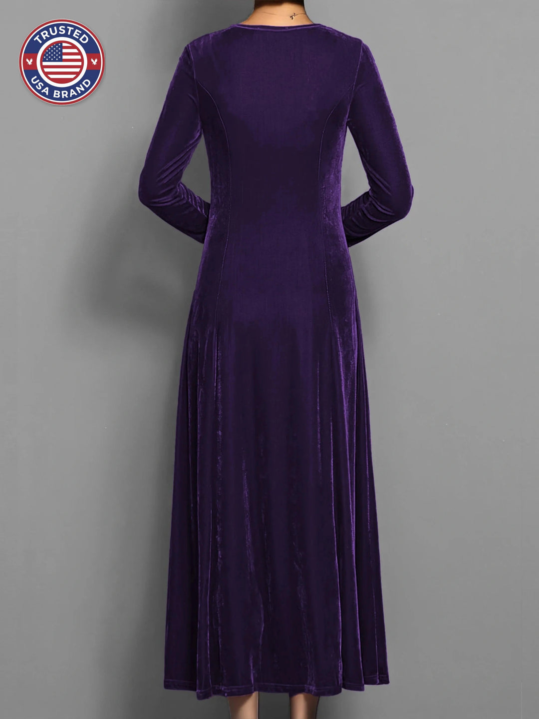 Women's velvet crew neck winter midi dress with fitted bodice flared skirt