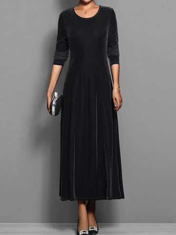 Women's velvet crew neck winter midi dress with fitted bodice flared skirt