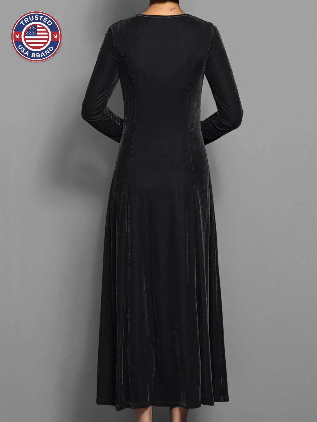 Women's velvet crew neck winter midi dress with fitted bodice flared skirt