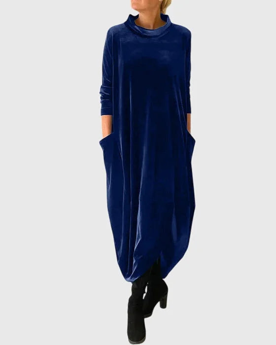 Women's velvet roll neck winter midi dress with balloon hem - Green