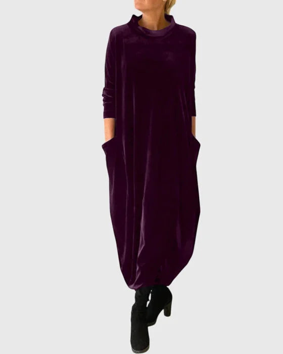 Women's velvet roll neck winter midi dress with balloon hem - Green