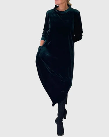 Women's velvet stand collar winter midi dress with side pockets
